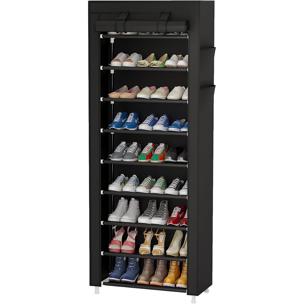 9 Tier Portable Shoe Rack Organizer with Dustproof Cover Black